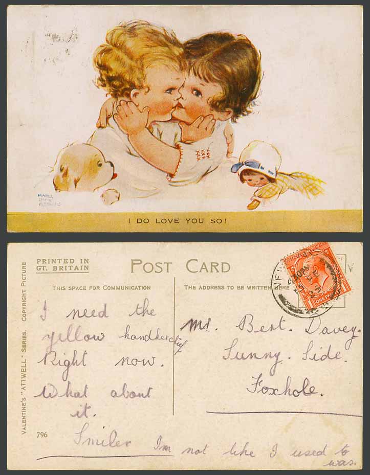 MABEL LUCIE ATTWELL 1925 Old Postcard I DO LOVE YOU SO! Boy Kissing Girl Dog 796