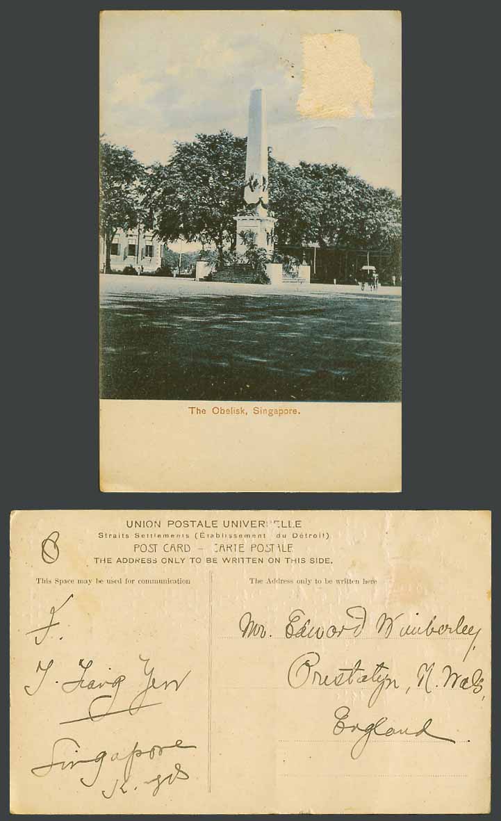 Singapore Old Postcard The Obelisk Obelisque, Street Scene, Straits Settlements