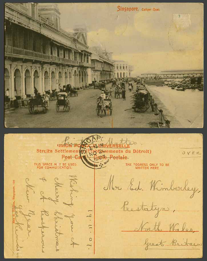Singapore 1907 Old Postcard COLLYER QUAI Quay Street Scene Rickshaw Coolie Malay