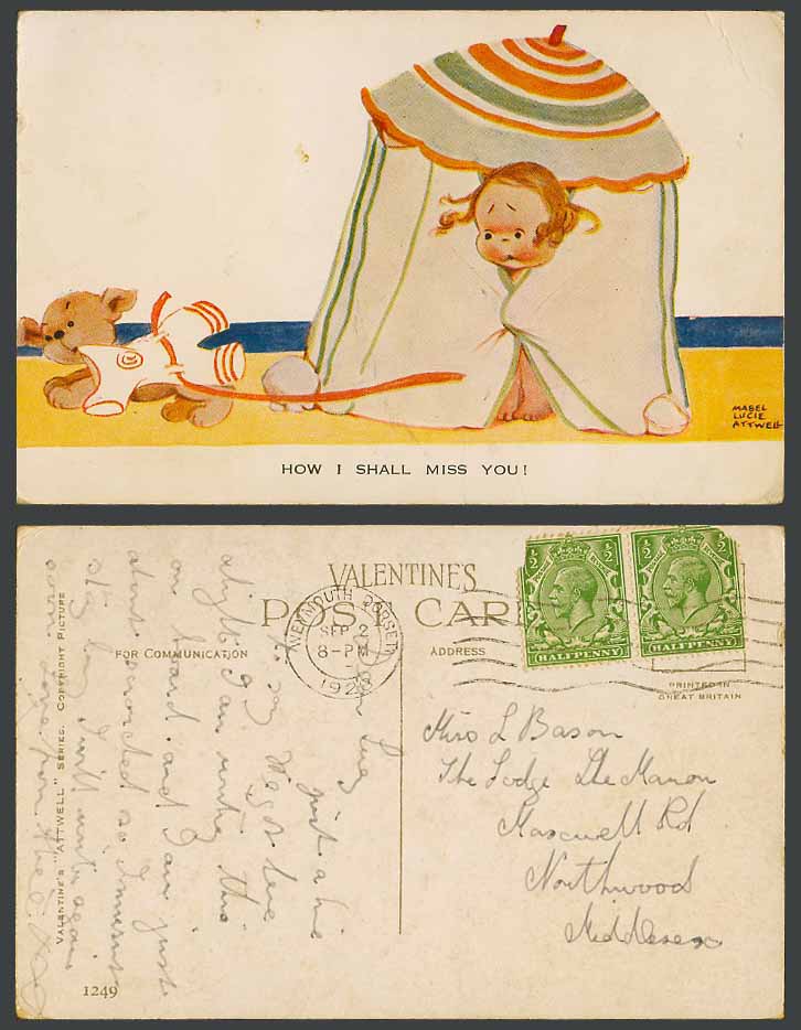 MABEL LUCIE ATTWELL 1928 Old Postcard How I Shall Miss You, Dog, Beach Hut 1249