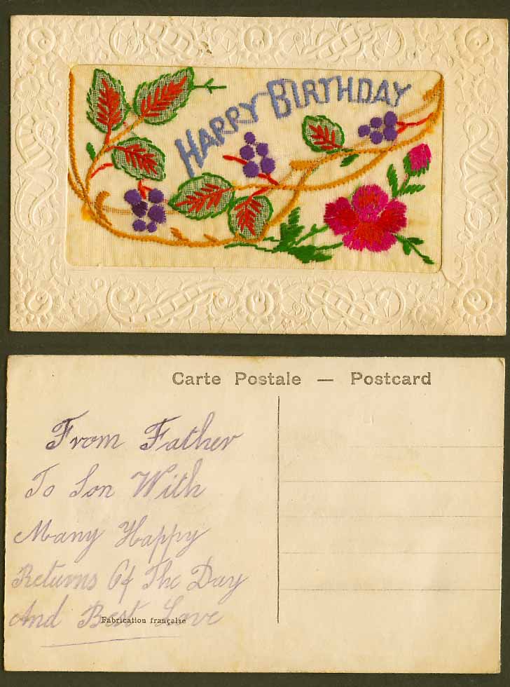 WW1 SILK Embroidered Old Postcard Happy Birthday, Flowers Blueberry Empty Wallet