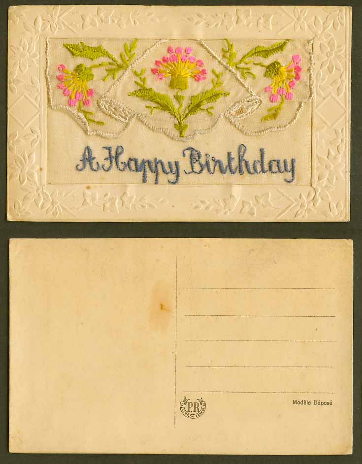 WW1 SILK Embroidered Old Postcard A Happy Birthday, Pink Yellow Flowers, Wallet