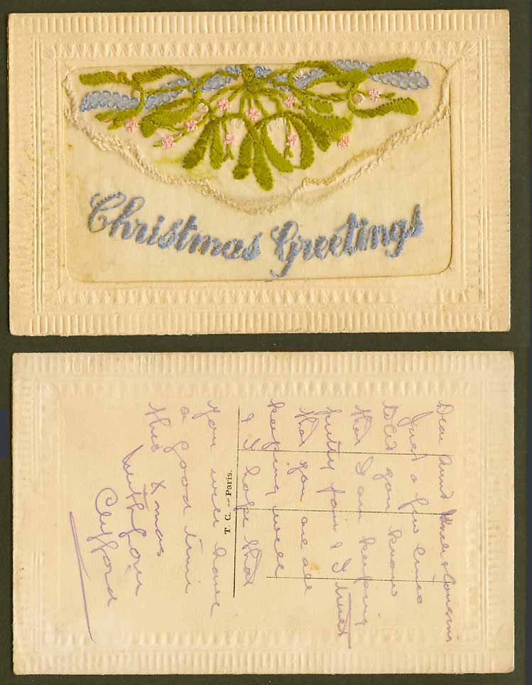 WW1 SILK Embroidered Old Postcard Christmas Greetings Flowers Empty Wallet Paris
