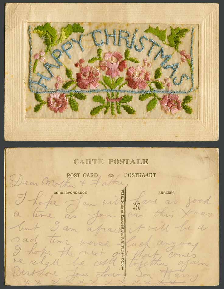 WW1 SILK Embroidered Old Postcard Happy Christmas Flowers Empty Wallet, JS Paris