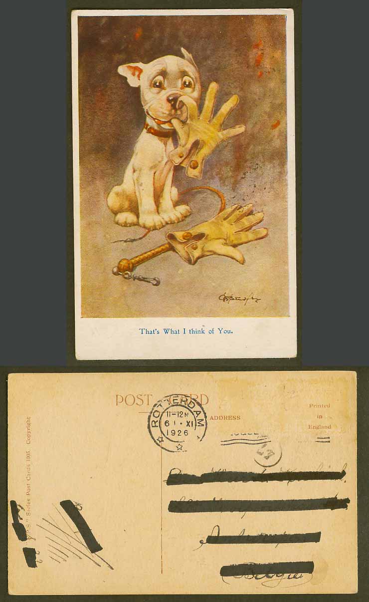BONZO DOG GE Studdy 1926 Old Postcard Gloves Whip Thats What I think of You 1005
