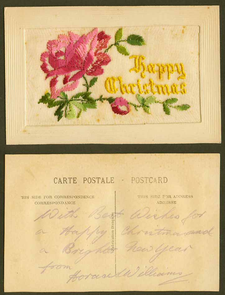 WW1 SILK Embroidered Old Postcard Happy Christmas Rose Flowers Novelty Greetings