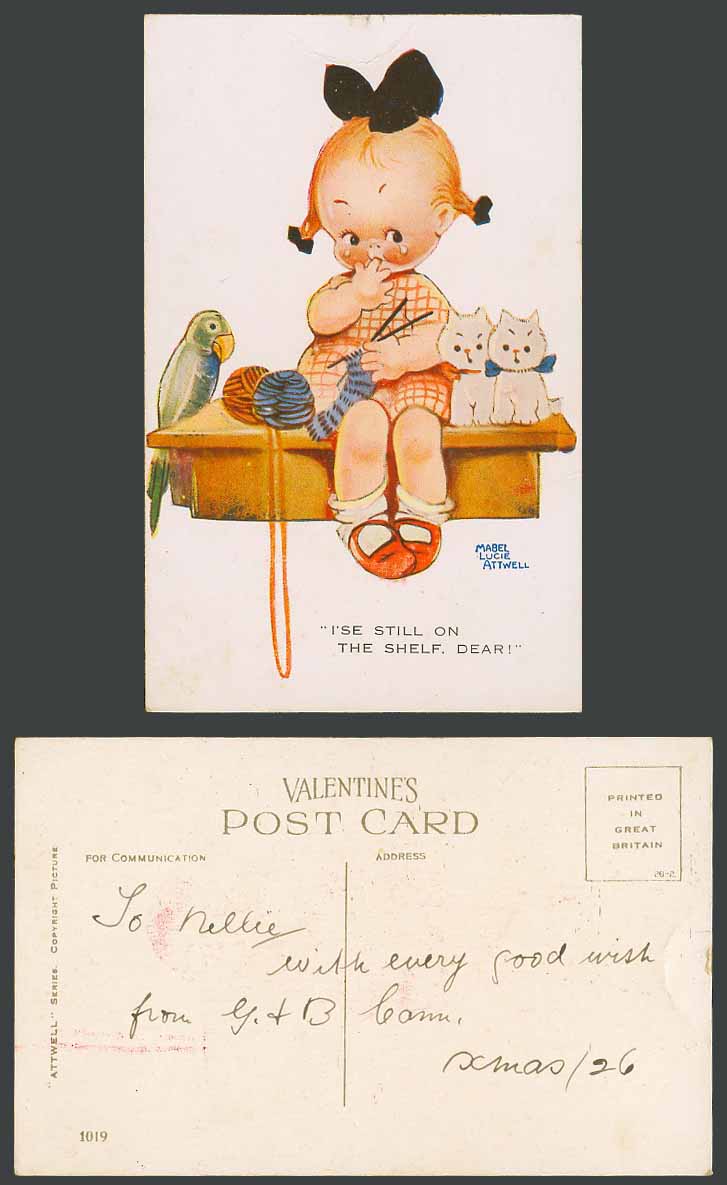 MABEL LUCIE ATTWELL 1926 Old Postcard Budgie Bird Cats, I'se Still on Shelf 1019