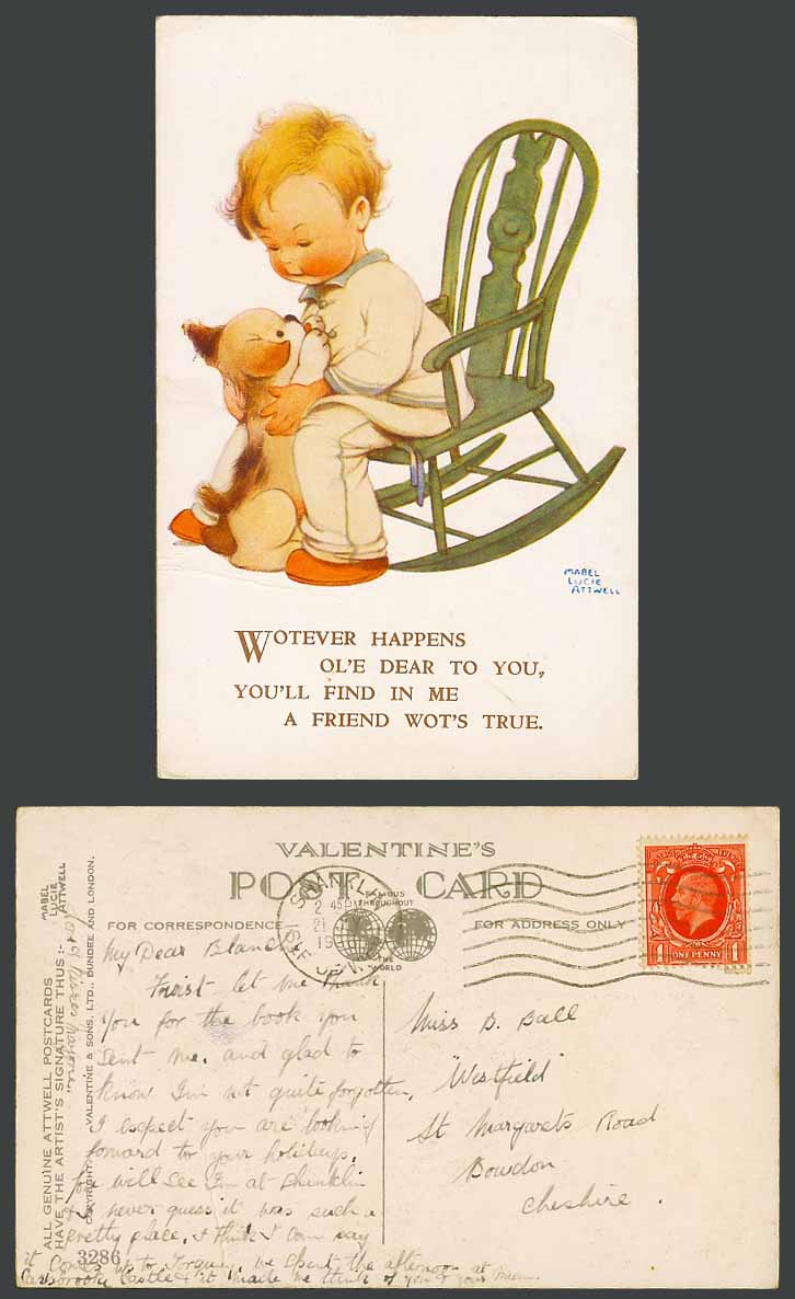 MABEL LUCIE ATTWELL 1936 Old Postcard Boy & Dog Rocking Chair A True Friend 3286