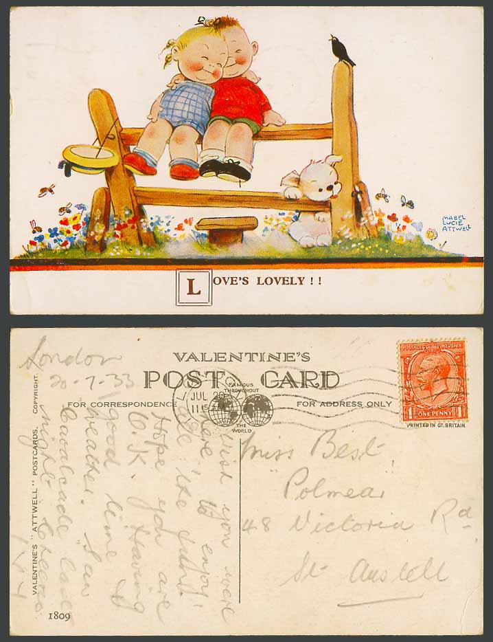 MABEL LUCIE ATTWELL 1933 Old Postcard Love's Lovely! Boy Girl Dog & Flowers 1809