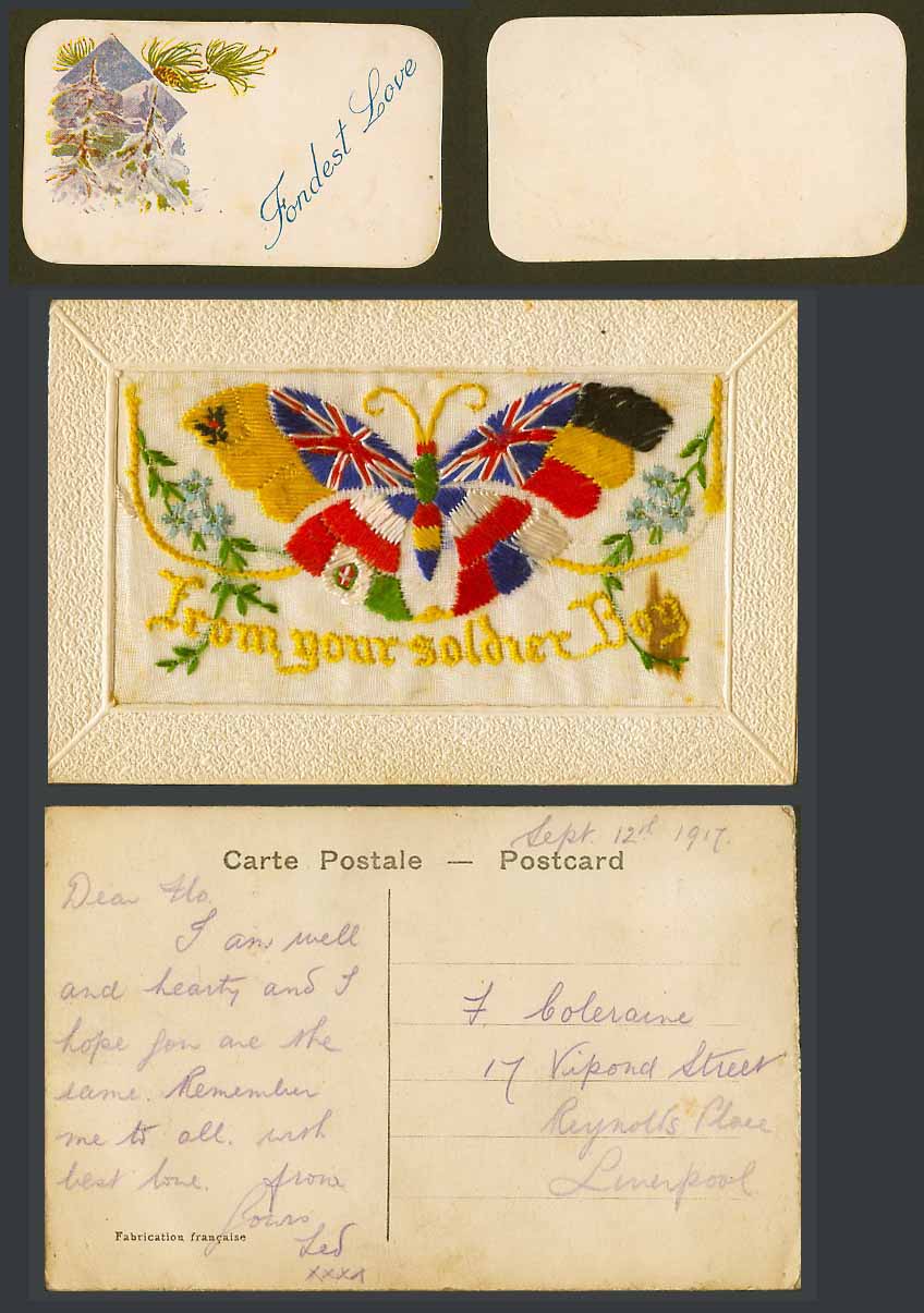 WW1 SILK Embroidered 1917 Old Postcard From Your Soldier Boy Butterfly Fond Love