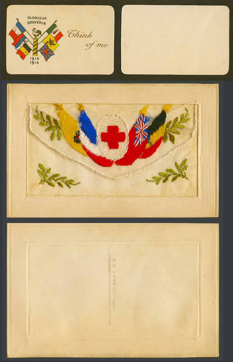 WW1 SILK Embroidered 1914 Old Postcard Red Cross Rooster Flag Think of Me Wallet