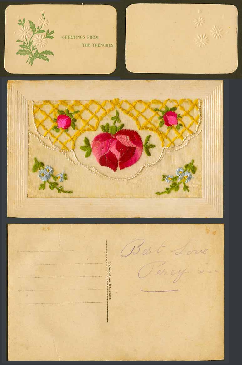 WW1 SILK Embroidered Old Postcard Flowers, Greetings from The Trenches in Wallet