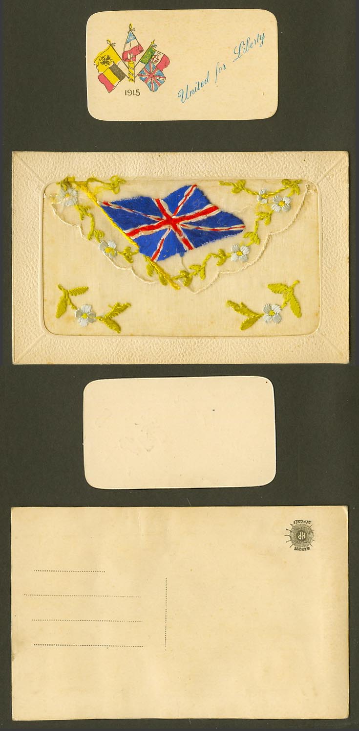 WW1 SILK Embroidered 1915 Old Postcard British Flag United for Liberty in Wallet