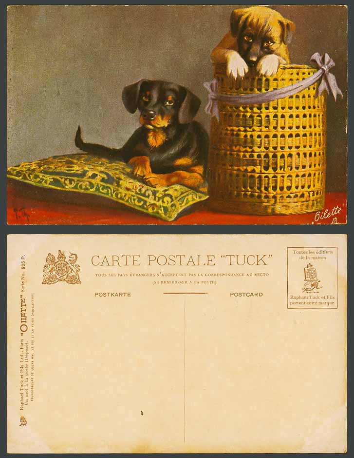 Dachshund German Sausage Dogs Puppies, P. Th. Artist Old Tuck's Oilette Postcard