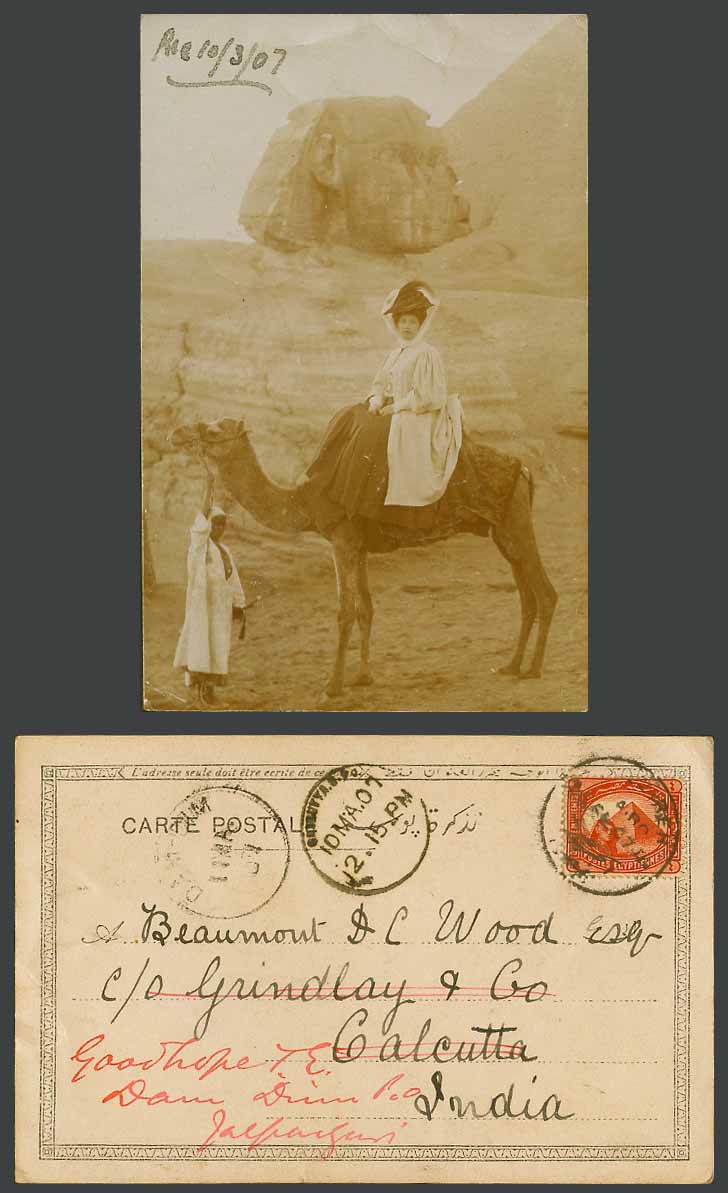 Egypt 4m 1907 Old Real Photo Postcard Sphinx Pyramid, Western Lady on Camel, Boy