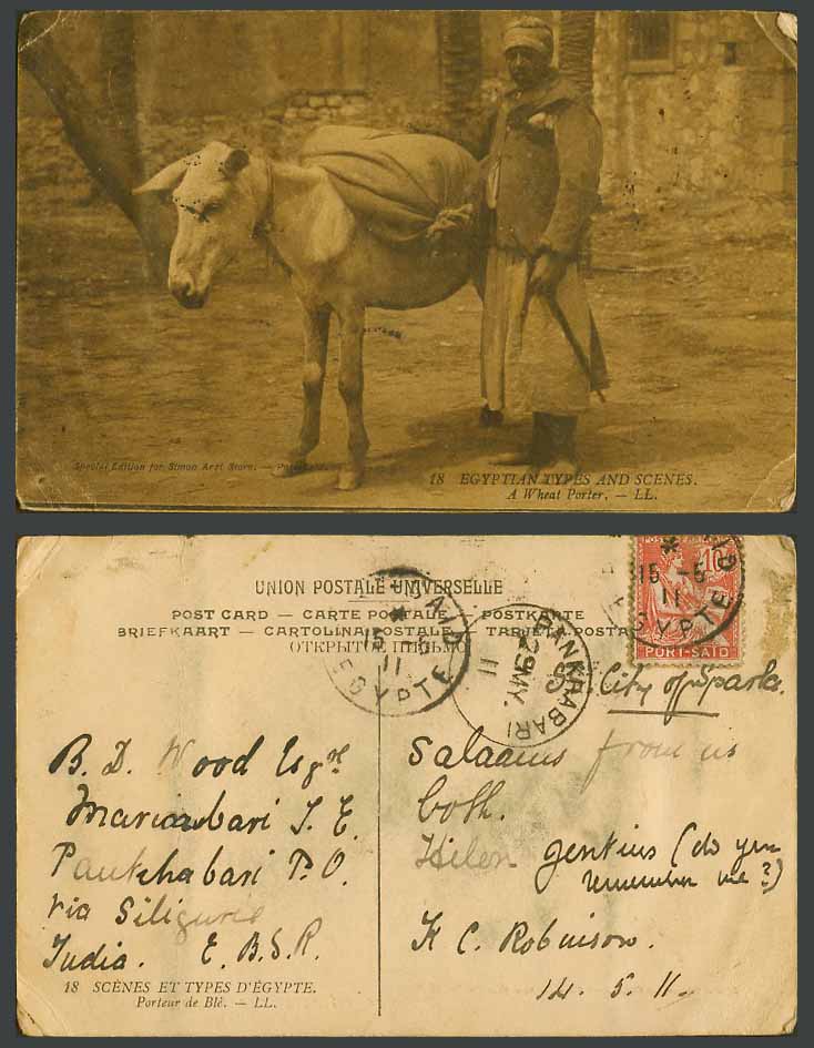 Egypt Port-Said 10c 1911 Old Postcard A Wheat Porter Native Egyptian Donkey Mule