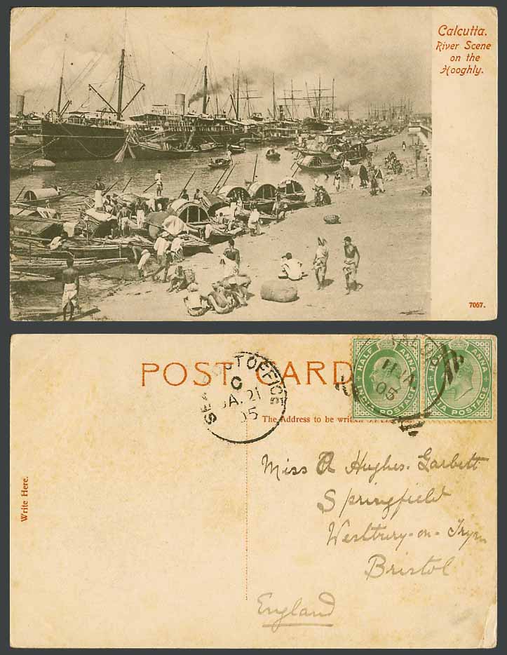 India KE7 1/2a 1905 Old Postcard River Scene on The Hooghly Calcutta Boats Ships