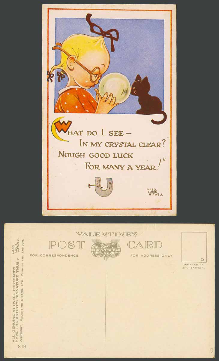 MABEL LUCIE ATTWELL Old Postcard See Crystal Ball Black Cat Kitten Good Luck 819