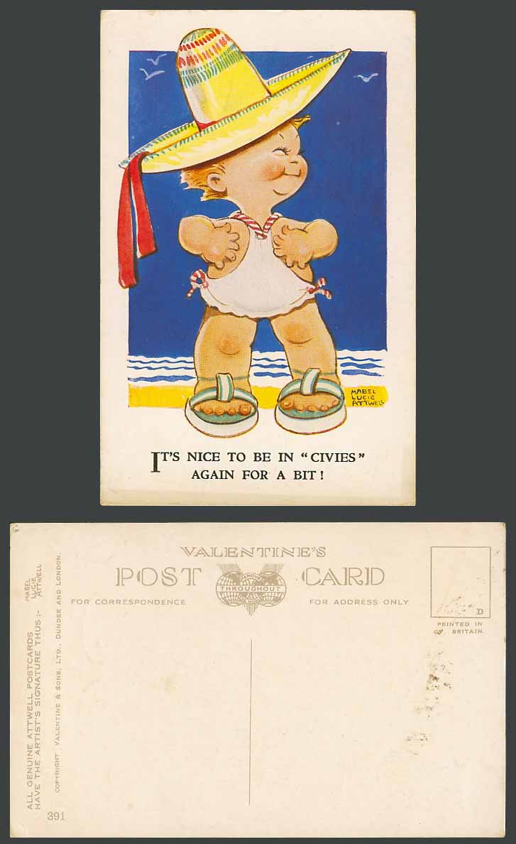MABEL LUCIE ATTWELL Old Postcard Nice to be in Civies Again for a Bit! Beach 391