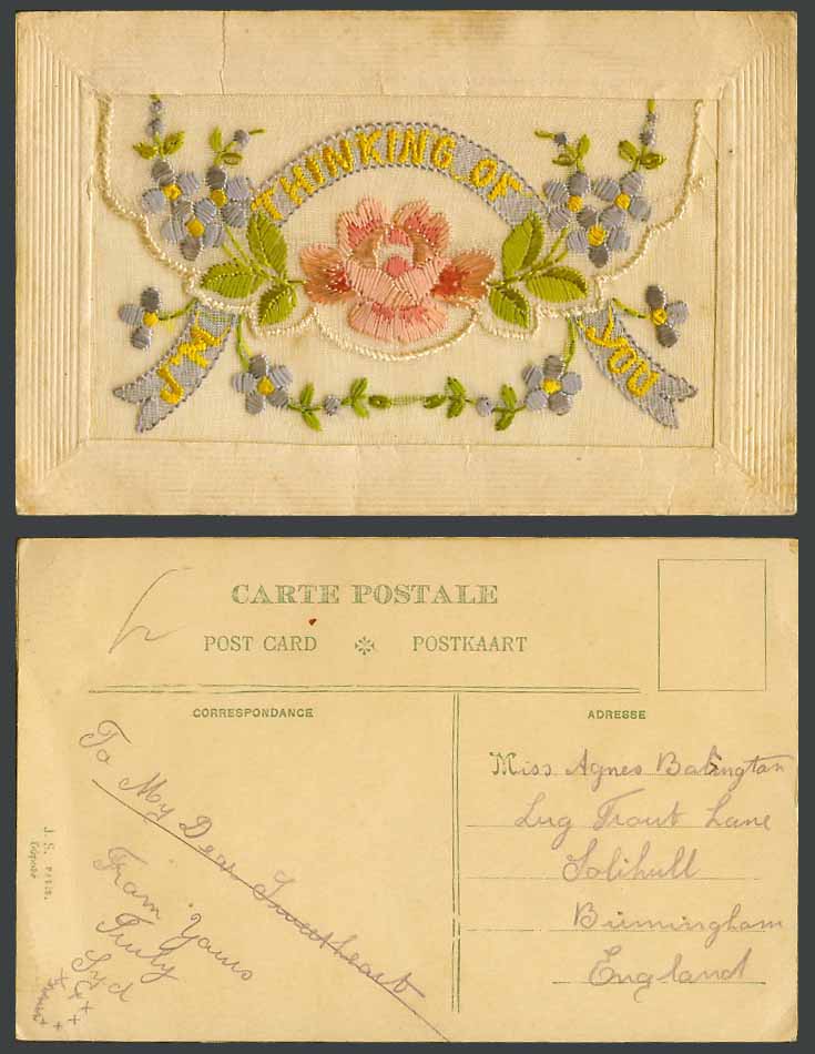 WW1 SILK Embroidered Old Postcard I'm Thinking of You Flowers, with Empty Wallet