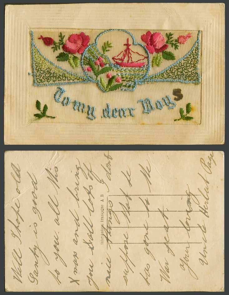 WW1 SILK Embroidered Old Postcard To My Dear Boy, Ship Boat Flowers Empty Wallet