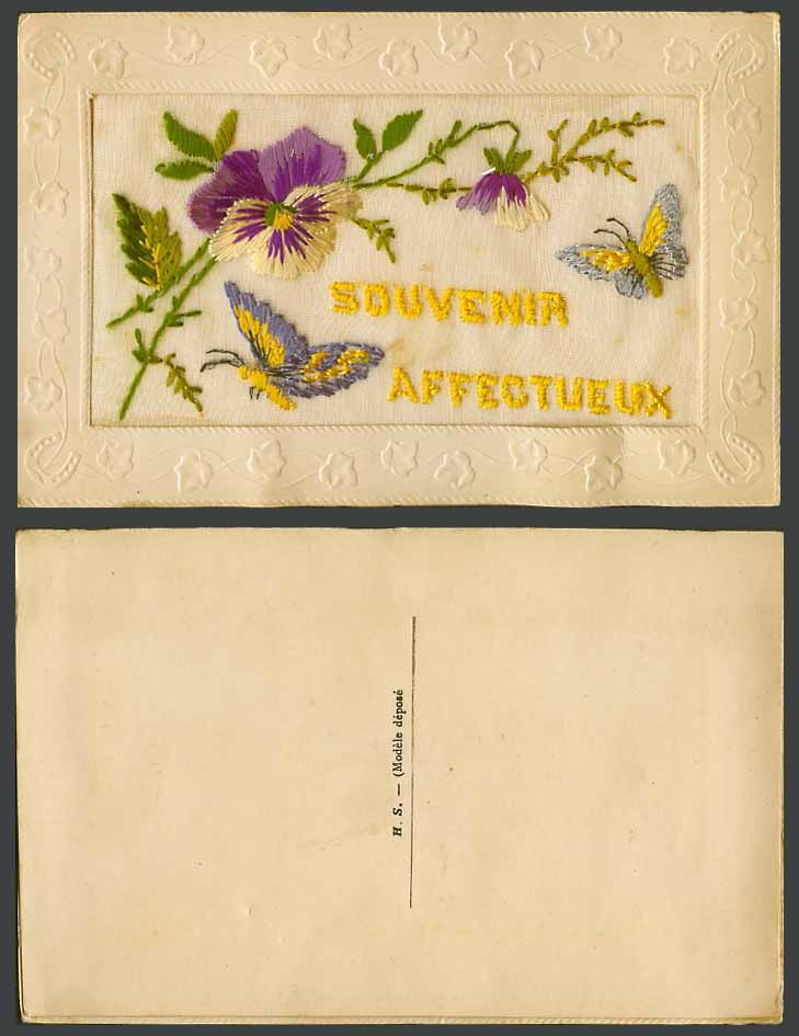 WW1 SILK Embroidered Old Postcard Souvenir Affectueux, Butterflies Pansy Flowers
