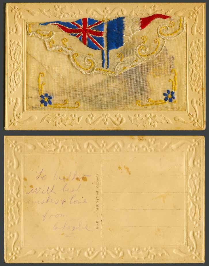 WW1 SILK Embroidered Old Postcard British Fr. Flags Artificial Flowers in Wallet