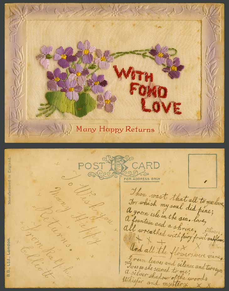 WW1 SILK Embroidered Old Postcard Flowers, With Fond Love, Many Happy Returns