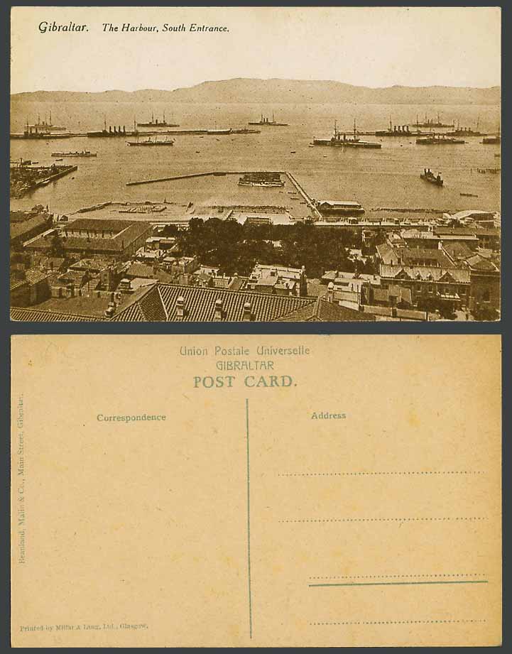 Gibraltar Old Postcard The Harbour, South Entrance. Steam Ships, Boats, Warships