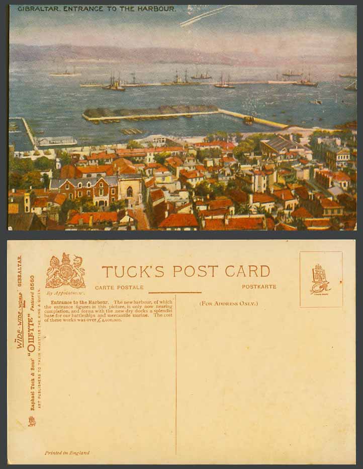 Gibraltar Old Tuck's Oilette Postcard Entrance to Harbour, Dry Docks Piers Ships
