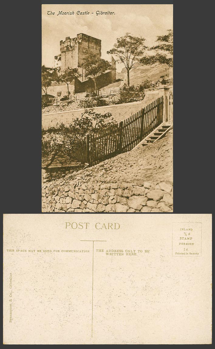 Gibraltar Old Postcard The Moorish Castle Steps Stairs Hill Trees Benzaquen & Co