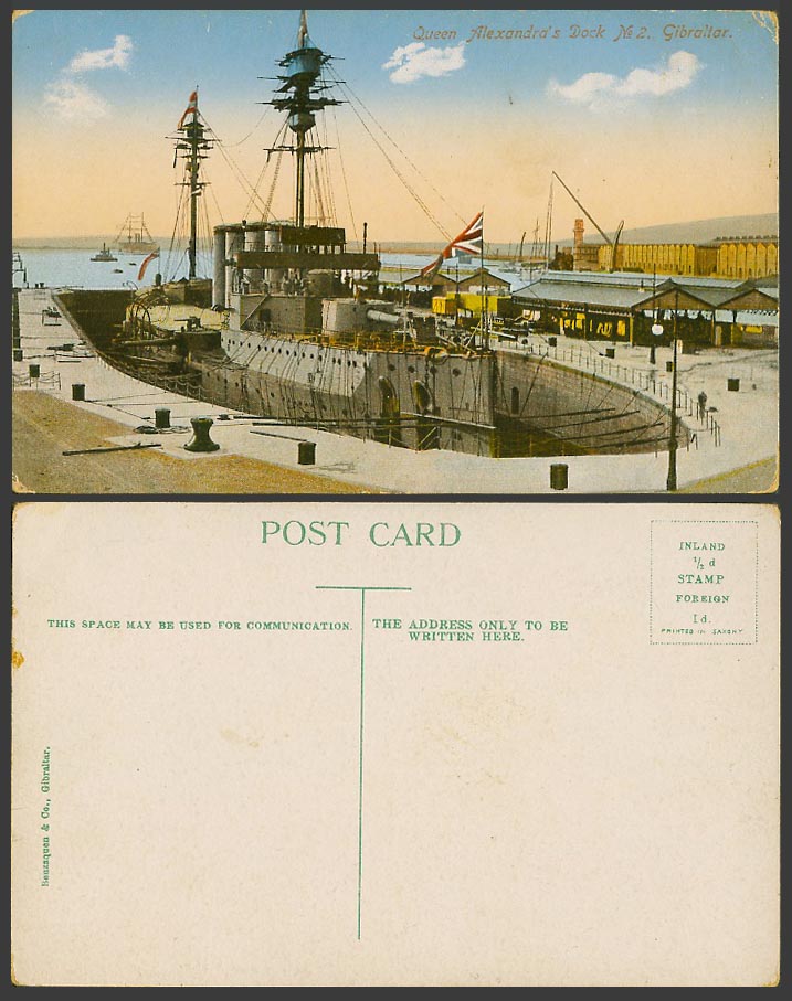 Gibraltar Old Colour Postcard Queen Alexandra's Dock No. 2 Warship, British Flag