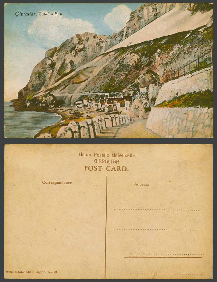 Gibraltar Old Colour Postcard Catalan Bay Village Beach Boats Rocks Millar &Lang