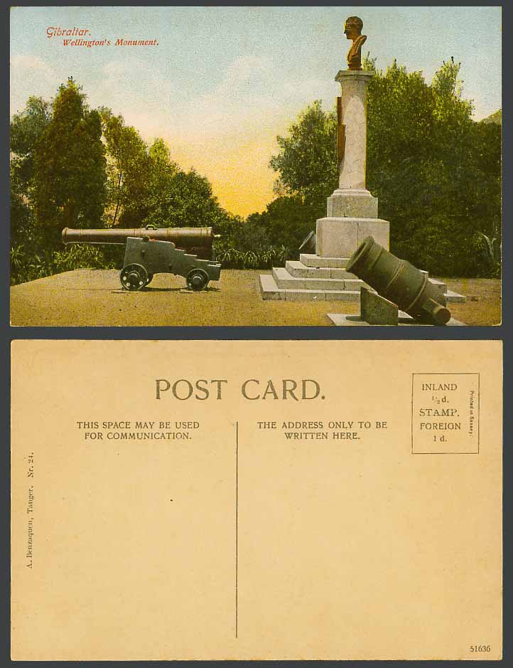 Gibraltar Old Colour Postcard Duke of Wellington Monument Cannons Big Guns No.24
