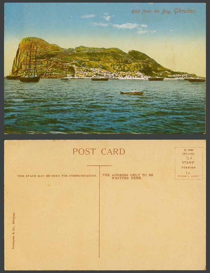Gibraltar Old Colour Postcard The Rock from The Bay Harbour, Ships, Rowing Boats
