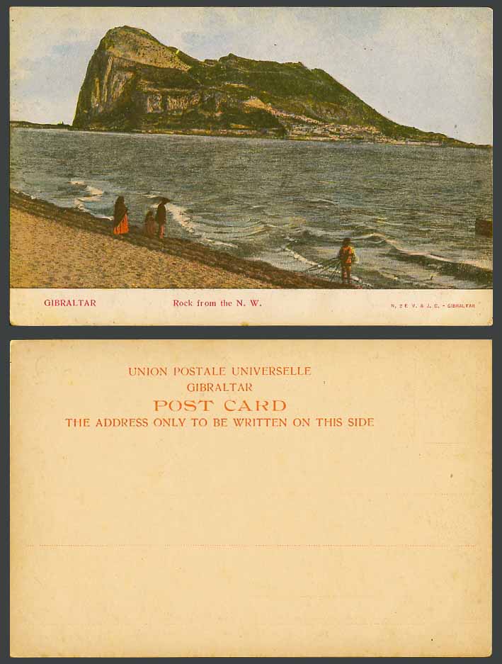 Gibraltar Old UB Colour Postcard The ROCK from N.W. North West, Fisherman, Woman