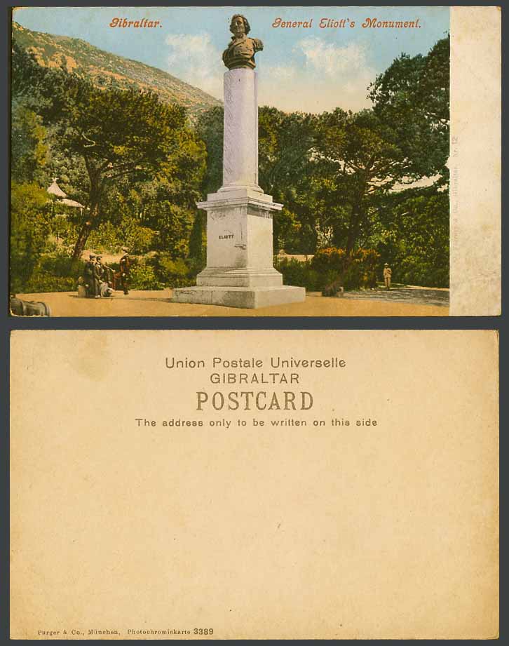 Gibraltar Old Colour Postcard General Elliott Eliott's Monument Memorial Statue