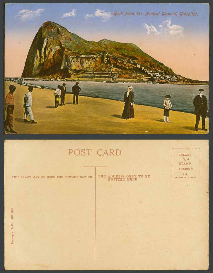Gibraltar Old Colour Postcard ROCK from The NEUTRAL GROUND Beach Men Woman Child