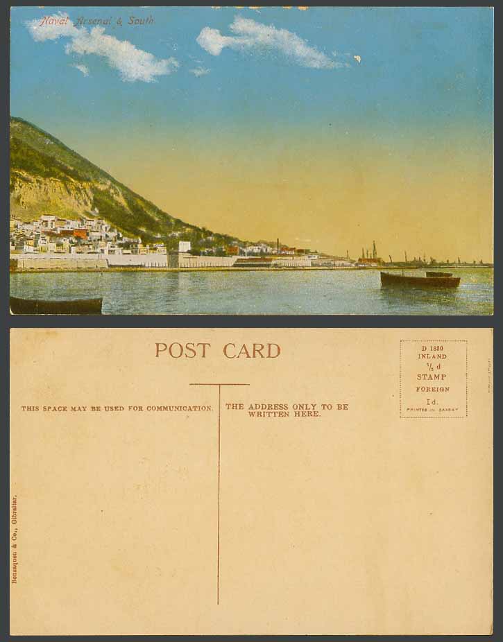 Gibraltar Old Colour Postcard Naval Arsenal & South Boats Panorama Benzaquen Co.