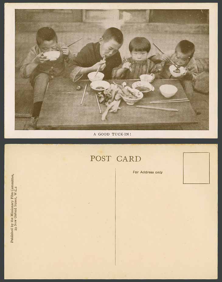 China Old Postcard A Good Tuck-in Chinese Children Boys, Rice Bowls & Chopsticks