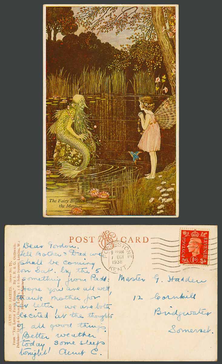 OUTHWAITE 1938 Old Postcard FAIRY BRIDGET MERMAN Little Fairies Sister Blue Bird