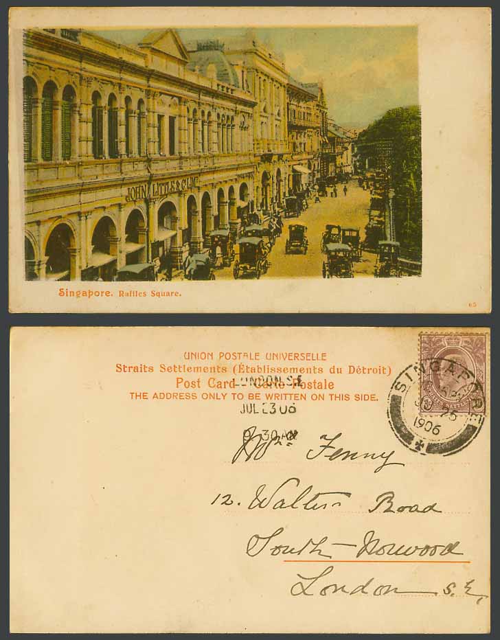 Singapore KE7 3c 1906 Old Postcard Raffles Square Street Scene John Little & Co.