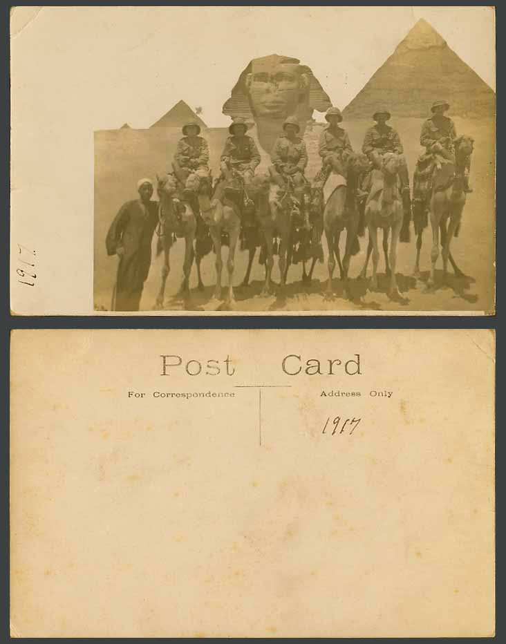 Egypt 1917 Old Real Photo Postcard Sphinx Pyramids, Soldiers Camels Native Guide