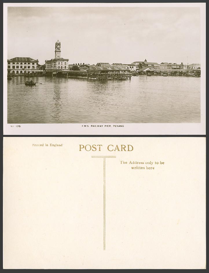 Penang Old Real Photo Postcard F.M.S. Railway Pier, Clock Tower Harbour Panorama