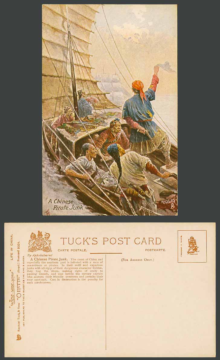 China Old Tuck's Oilette Postcard A Chinese Pirate Junk Pirates Sailing Boat Men