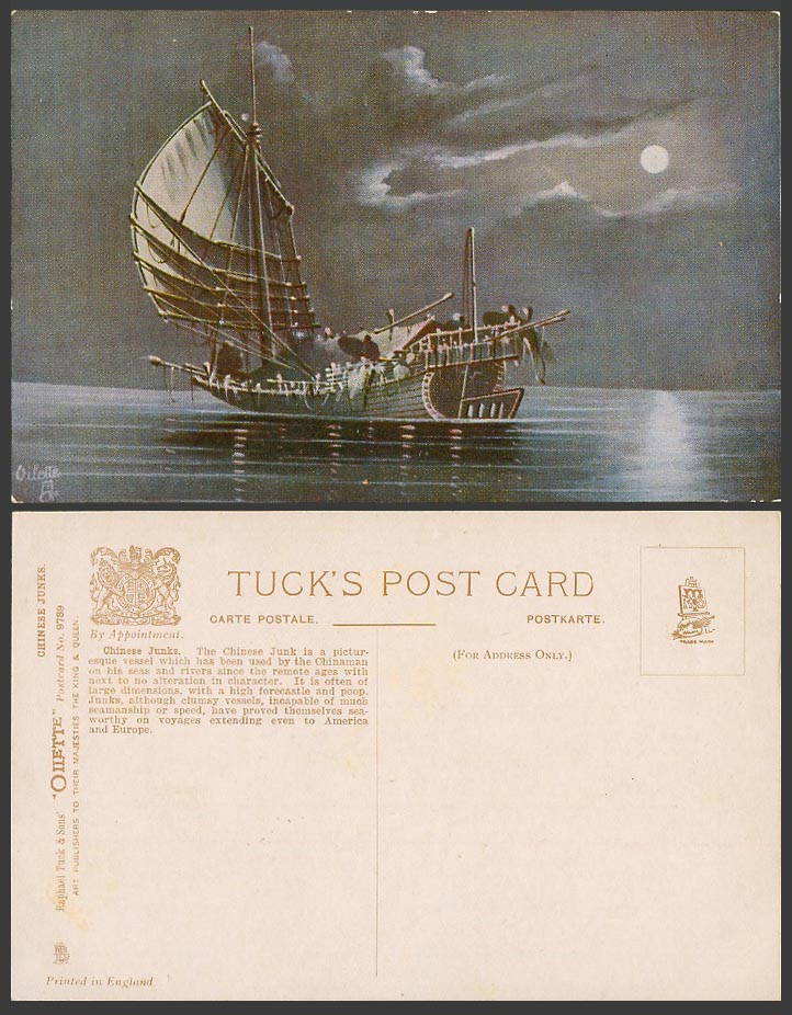 China Old Tuck's Oilette Postcard Chinese Junks Native Boats Moonlight Full Moon