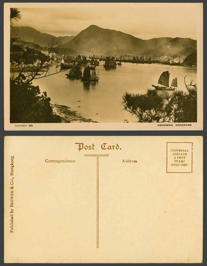 Hong Kong Old Real Photo Postcard Aberdeen Harbour, Chinese Junk Boats, Panorama