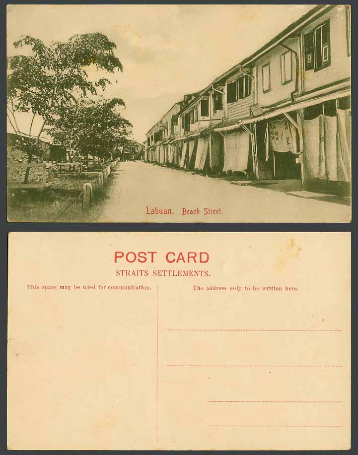 Labuan Beach Street Scene Native Houses Brunei, Straits Settlements Old Postcard