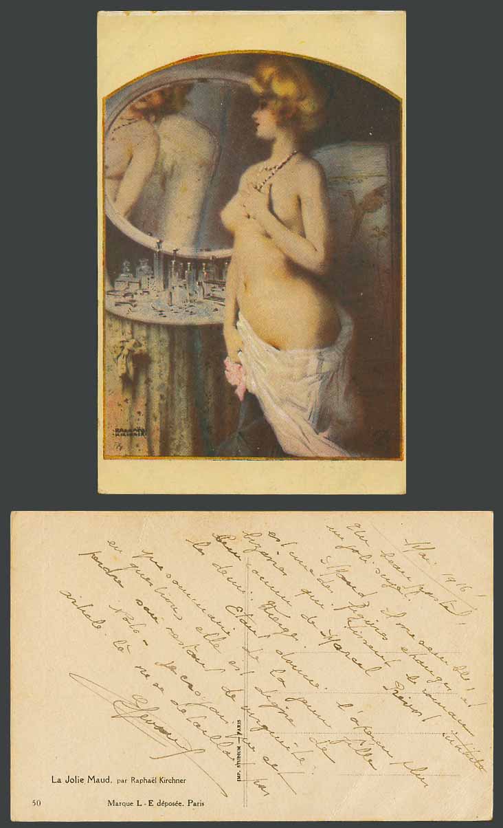 Raphael Kirchner 1916 Old Postcard La Jolie Maud, Glamour Woman, Perfume Bottles