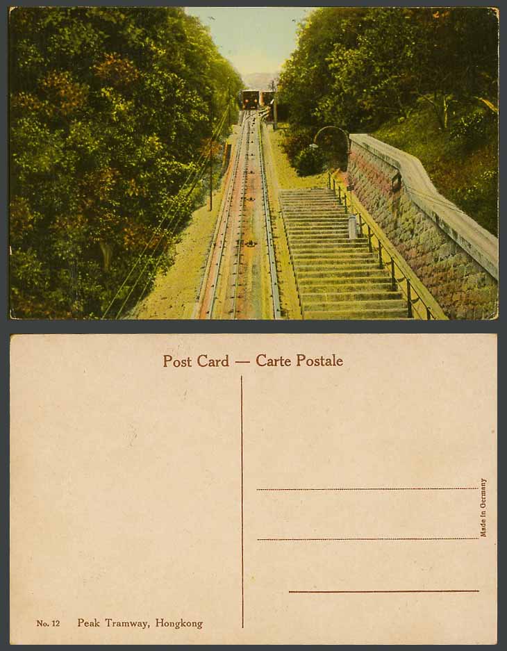 Hong Kong China Old Colour Postcard Peak Tramway and TRAM Trams Up Hill Steps 12